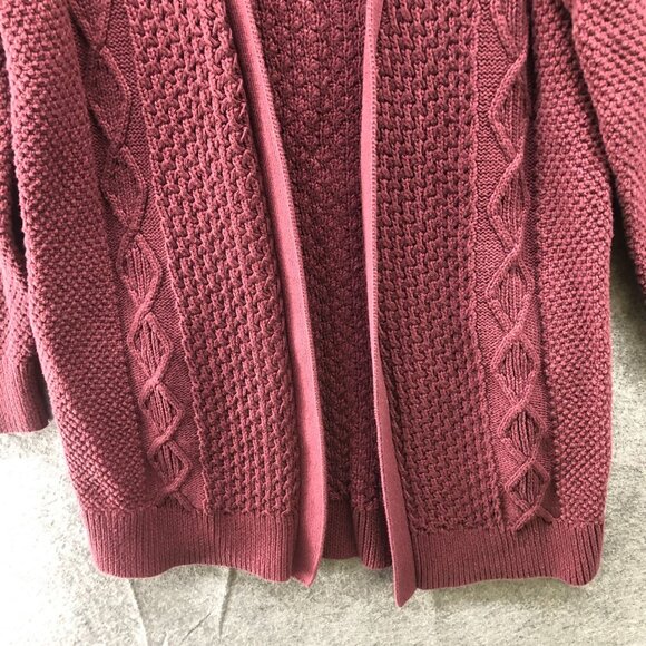 L.L. Bean Cable Knit Cardigan Womens M Burgundy Open Front Longline Cotton - Picture 4 of 9